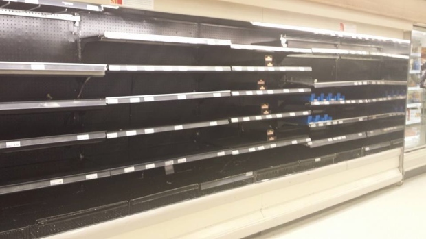 A photo shared on social media over the weekend shows empty shelves in the meat section of Dominion in Gander.