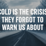Snow-covered road surrounded by trees in winter with the text: “COLD IS THE CRISIS THEY FORGOT TO WARN US ABOUT.”
