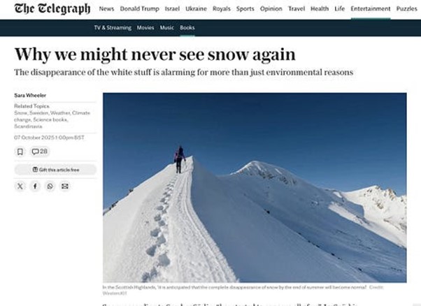 Screenshot of a Telegraph article titled ‘Why we might never see snow again,’ featuring a person walking up a snowy mountain ridge under a clear blue sky.