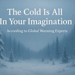 Snowy forest landscape with the text “The Cold Is All In Your Imagination – According to Global Warming Experts.”