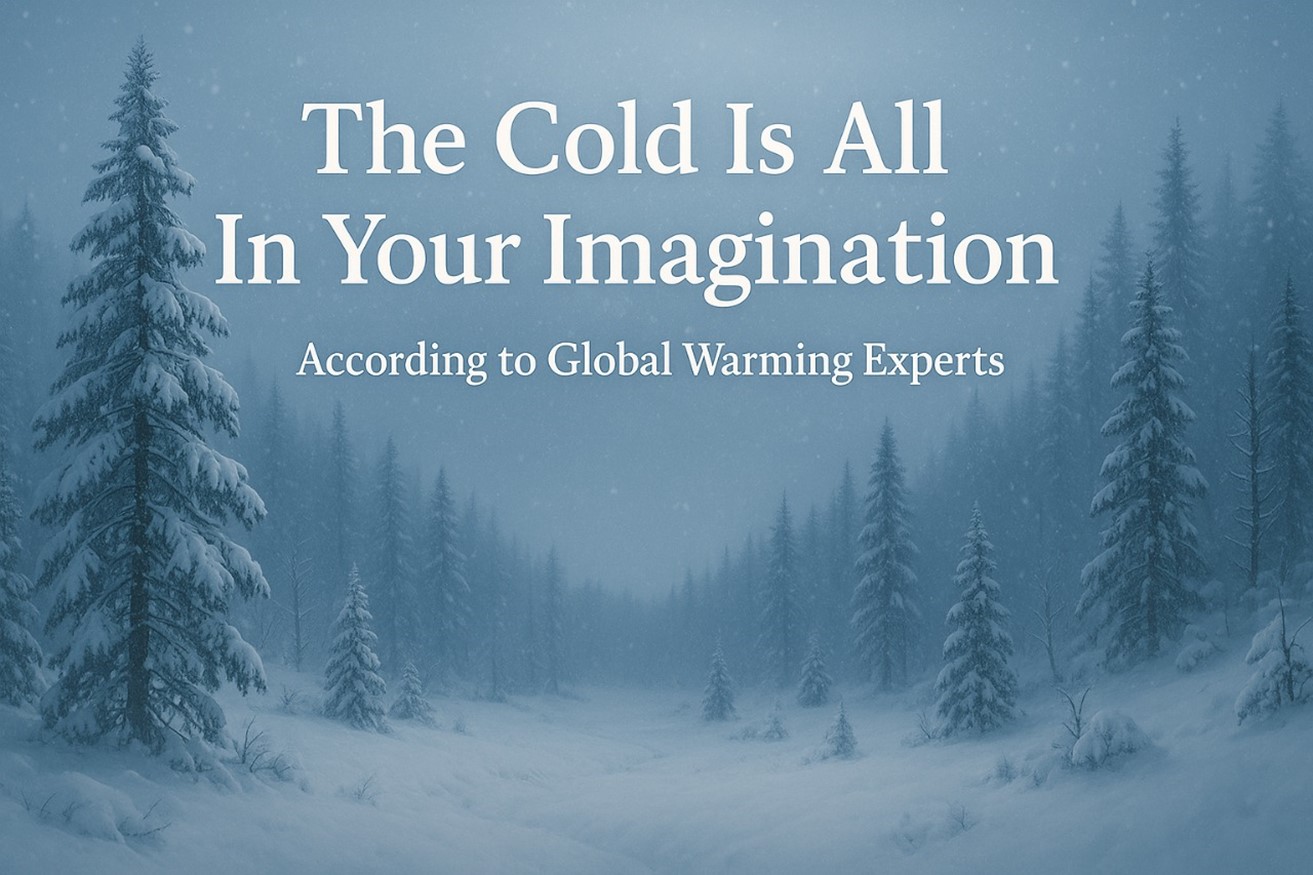 Snowy forest landscape with the text “The Cold Is All In Your Imagination – According to Global Warming Experts.”