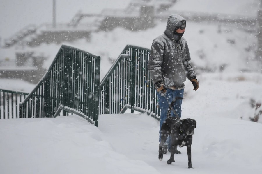Person walking a dog through heavy snowfall on a snow-covered bridge during a winter storm.
