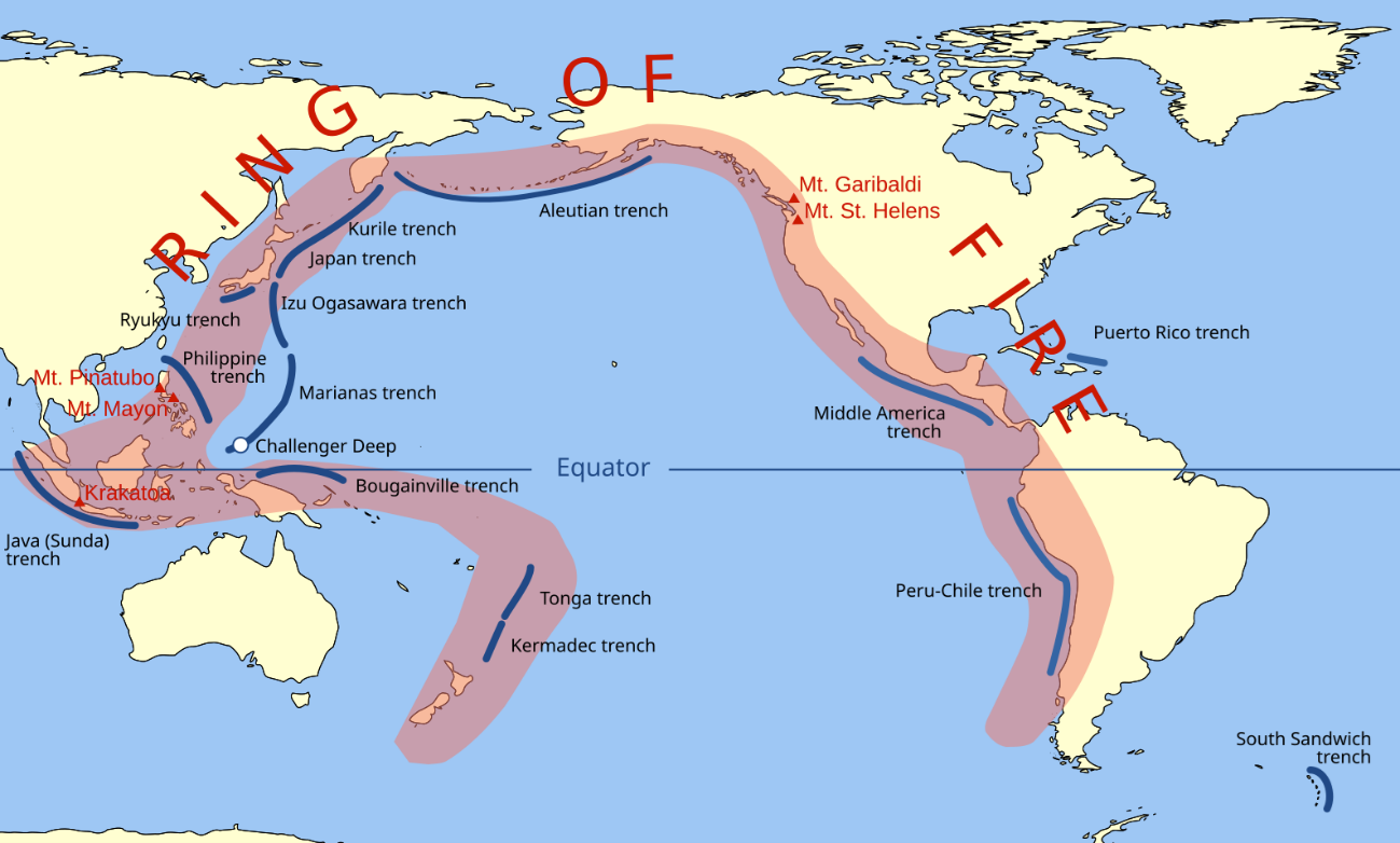World map highlighting the Pacific Ring of Fire, showing tectonic plate boundaries, trenches, and major volcanoes.
