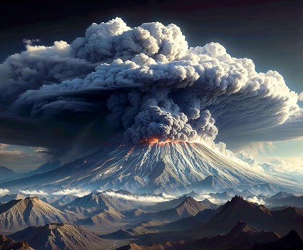 Illustration of a volcano erupting with a large ash cloud rising above a mountainous landscape.