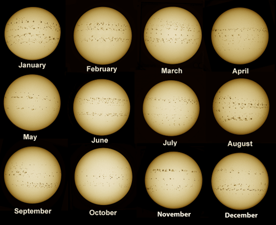 Monthly images of the Sun labeled January through December, showing changes in sunspot patterns over the course of a year