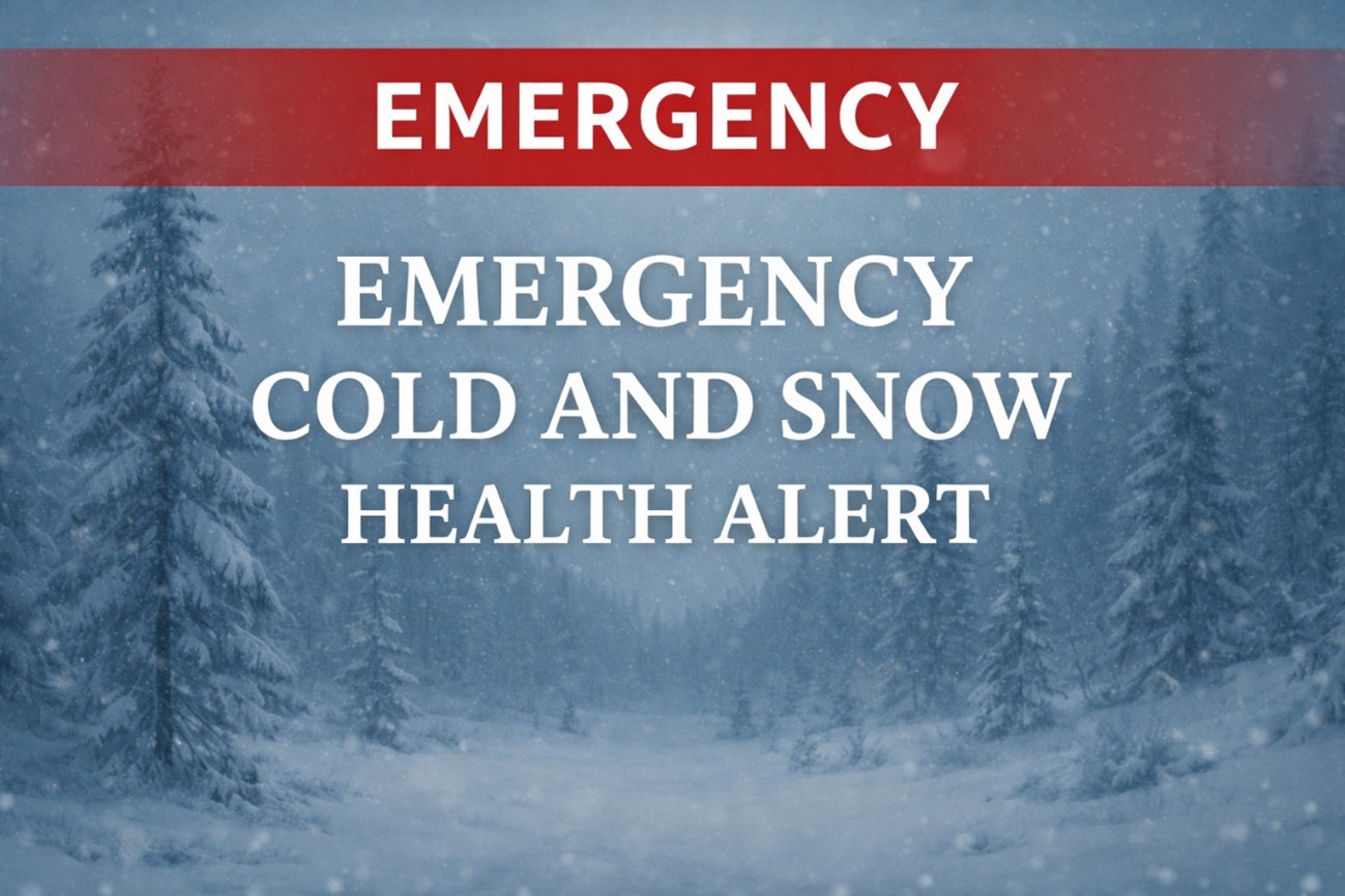Winter scene with snow-covered trees and falling snow, overlaid with the text “Emergency Cold and Snow Health Alert.”