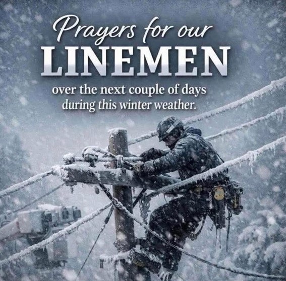 Utility line worker climbing a snow-covered power pole during a winter storm, with text reading “Prayers for our linemen over the next couple of days during this winter weather.”