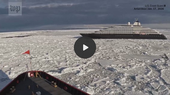 Video still showing two large ships surrounded by dense sea ice, with a play button overlay and a caption indicating a U.S. Coast Guard scene in Antarctica.