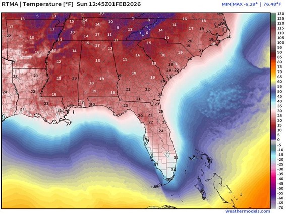 Temperature map of the southeastern United States showing color-coded surface temperatures, with colder values inland and warmer colors offshore.