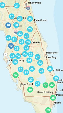 Florida map displaying city-by-city temperature readings marked with colored circles across the state.