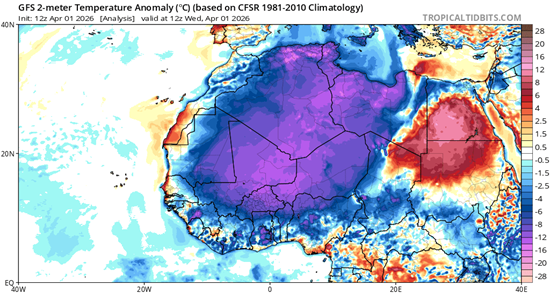 Map showing temperature anomaly across Africa with large cold region highlighted.