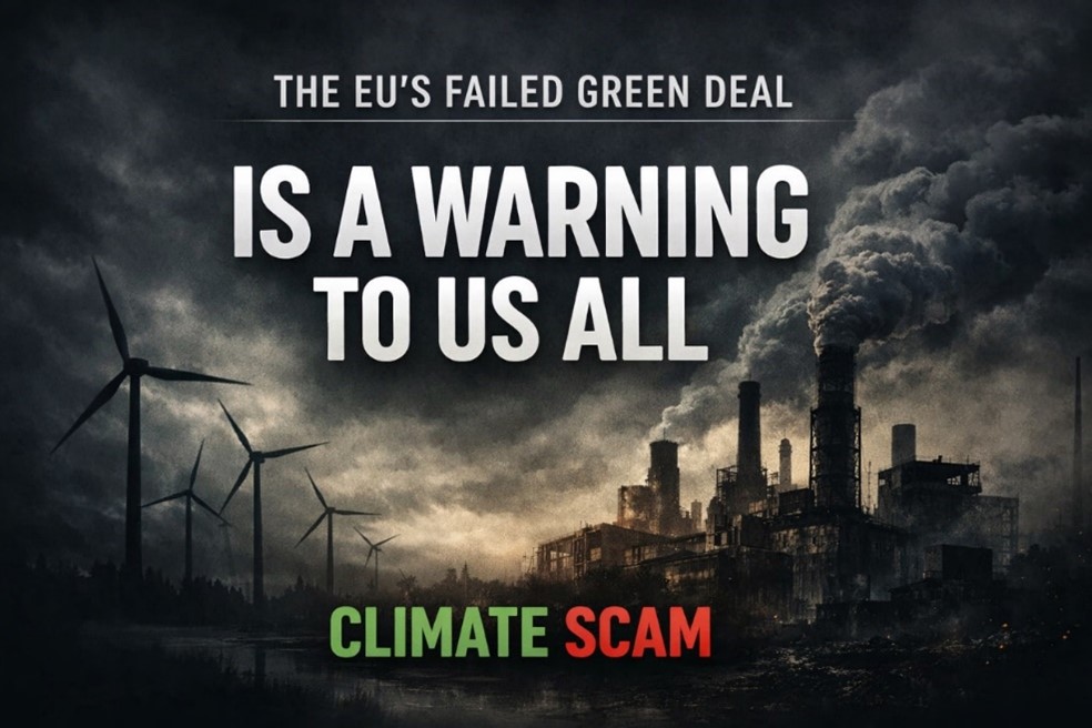 Graphic claiming the EU’s Green Deal is a warning, showing wind turbines and an industrial plant emitting smoke.