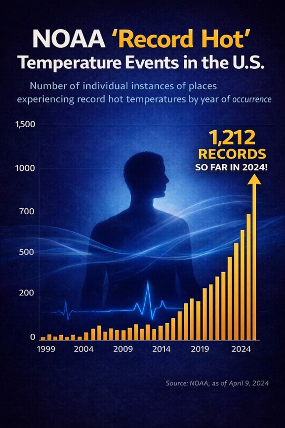 Chart showing rising record high temperature events in the U.S., with a silhouette figure and data highlighting 1,212 records in 2024.
