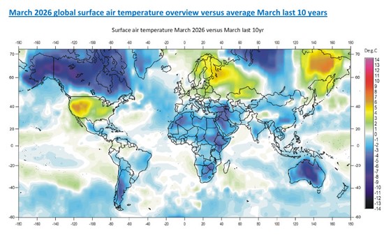 Global map displaying surface air temperature anomalies for March 2026 compared to the 10-year average, with color-coded variations.