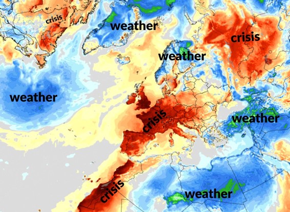 Weather anomaly map highlighting heat and cold regions across Europe and Asia.