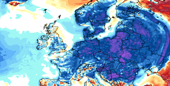 Temperature anomaly map showing extreme cold across Europe and Russia.