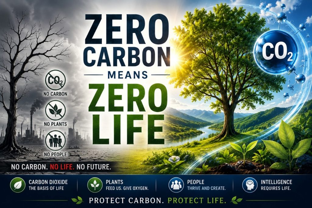 Split illustration showing a barren landscape without carbon dioxide contrasted with a thriving green ecosystem, emphasizing the importance of CO₂ for plants and life.