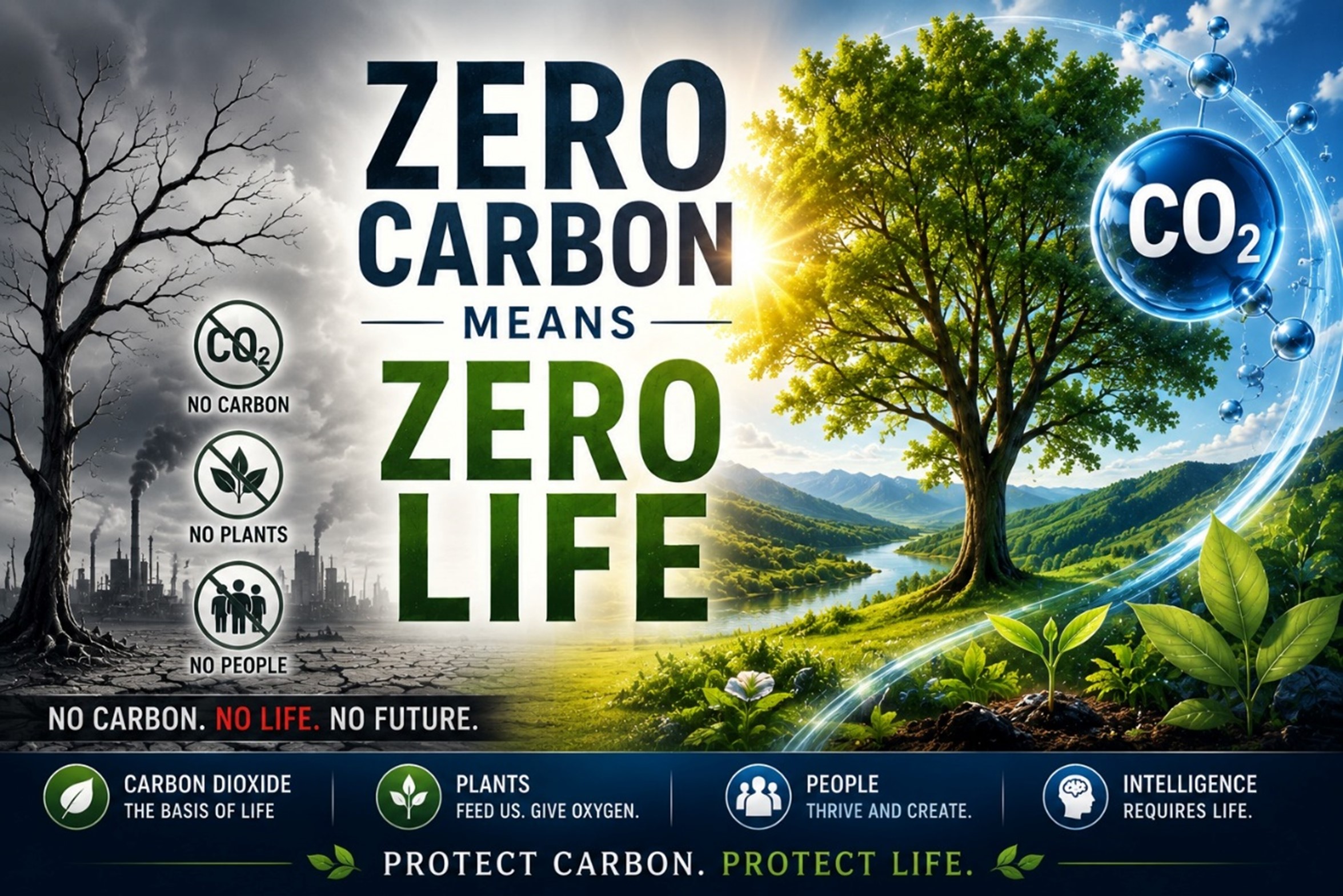 Home Split illustration showing a barren landscape without carbon dioxide contrasted with a thriving green ecosystem, emphasizing the importance of CO₂ for plants and life.