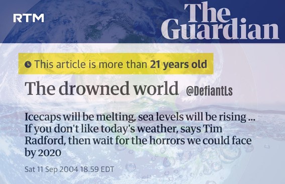 Screenshot of a 2004 newspaper headline predicting severe climate impacts by 2020, used as a historical reference in the article.