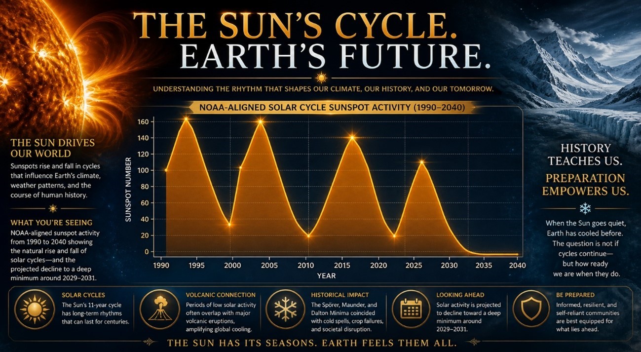 Infographic illustrating projected solar cycles, sunspot activity, and their proposed relationship to Earth's future climate patterns.
