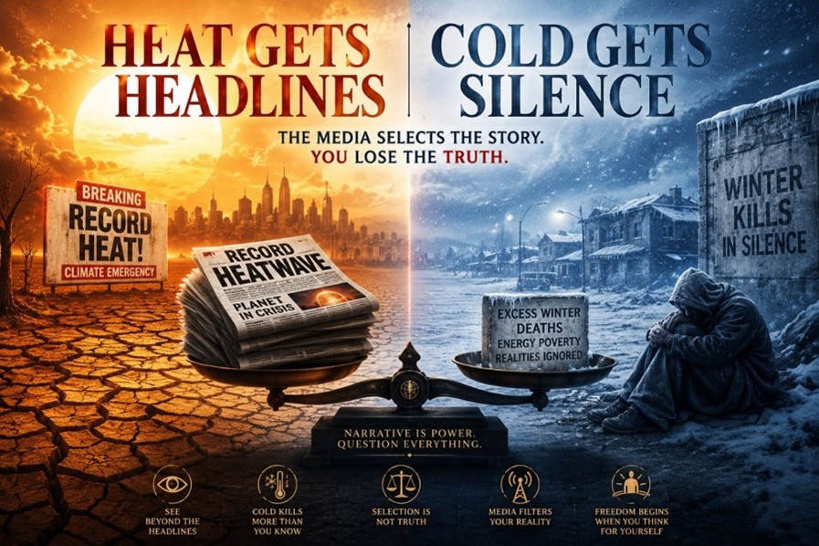 Split infographic comparing media attention on heatwaves with neglected extreme winter conditions, using a balance scale between hot and cold weather.