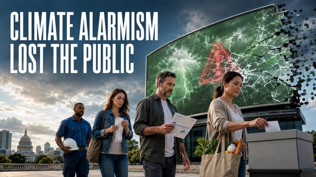 People casting votes beneath the headline “Climate Alarmism Lost the Public,” with a shattered climate warning display in the background.