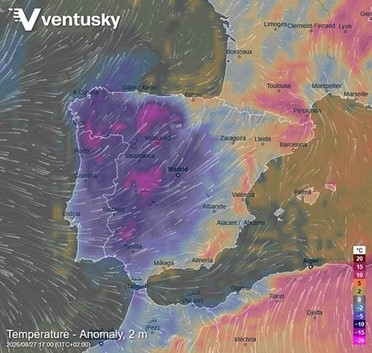 Weather anomaly map showing unusually cold temperatures across Spain and Portugal.
