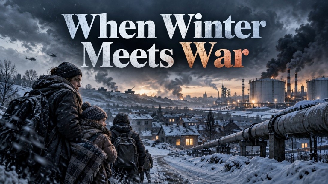 Family walking through a snowy industrial landscape beneath the title “When Winter Meets War.”